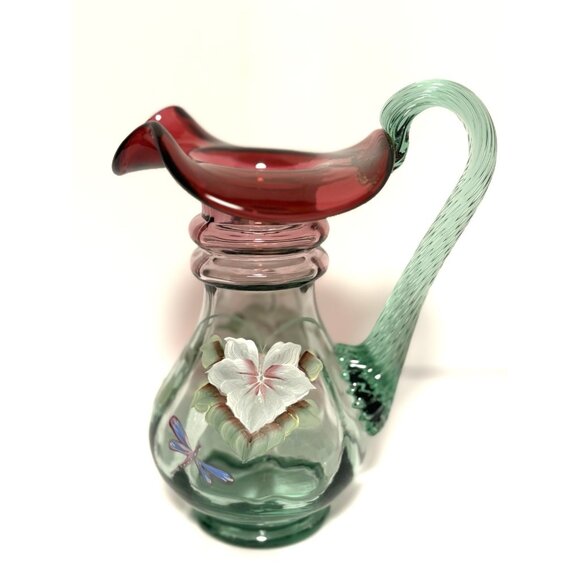 Fenton Rubina Verde Pitcher Vase  Dragonfly Hand painted Signed By Hayhurst 6” - Picture 1 of 9